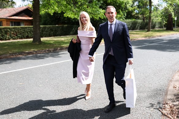 Treasurer Jim Chalmers and his wife, Laura, arrive at The Lodge for the wedding on Saturday afternoon.
