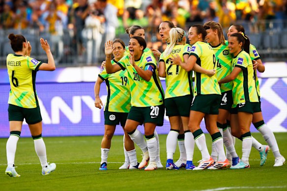 Sam Kerr and Clare Wheeler enjoy the moment after the pair combined with Caitlin Foord for Australia’s 14th-minute winner against the Philippines.