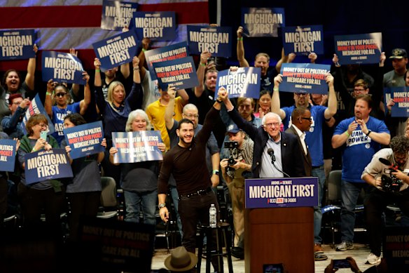 Senator Bernie Sanders with candidate Abdul El-Sayed at a rally on Sunday night.