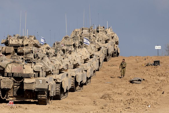 Israeli tanks line up near the Gaza border.