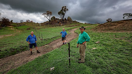 Farmers Chris Dekkera, Brian Kelly and Michael Stubbe are worried about the response to rehabilitating land used for containment lines in the Longwood fire.