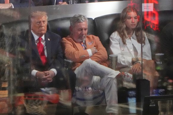 US President Donald Trump sat next to Knicks owner James Dolan and Kai Trump in a private suite at Madison Square Garden.