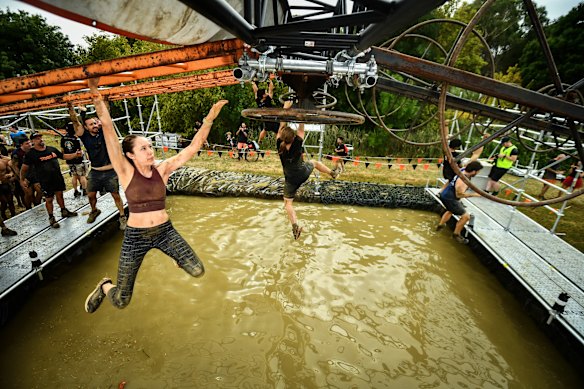 The writer lasted three rungs on the Funky Monkey obstacle before splashing down.