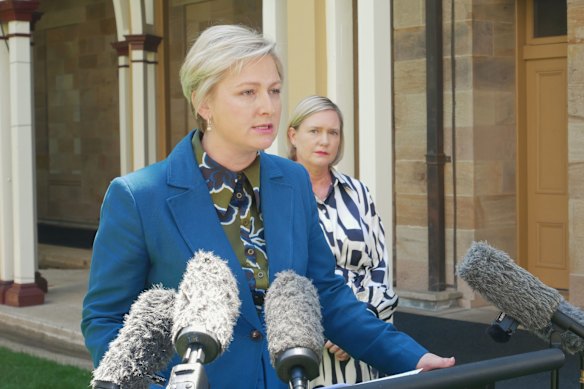 Belinda Drew (right) and Amanda Camm at a press conference today.