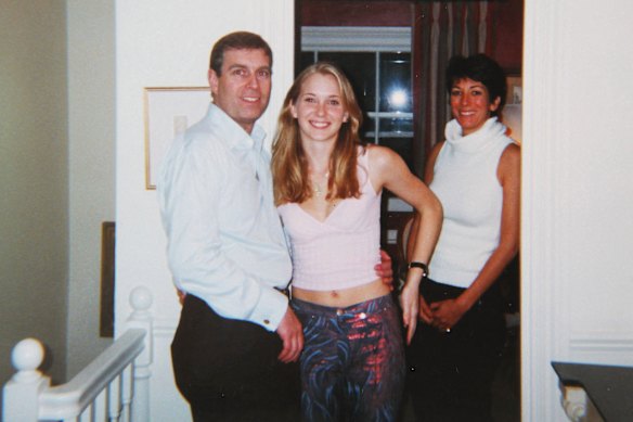 A photo of then Prince Andrew with Virginia Giuffre and Ghislaine Maxwell (right).