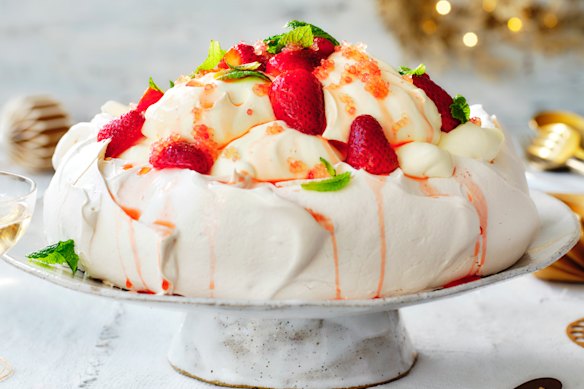 Helen Goh’s strawberry and finger lime pavlova with coconut mascarpone.
