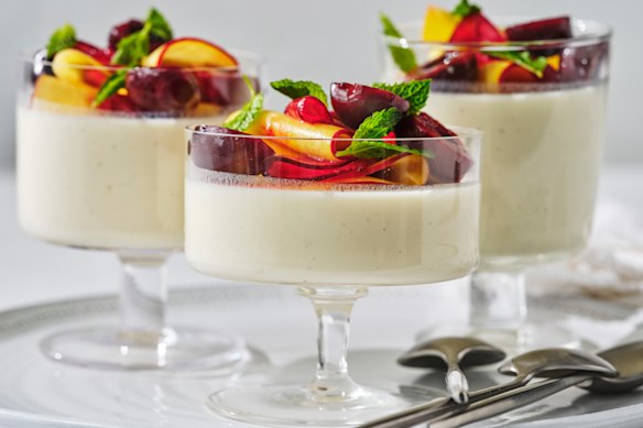 Helen Goh’s kefir and vanilla jelly with stone fruits and cherries.