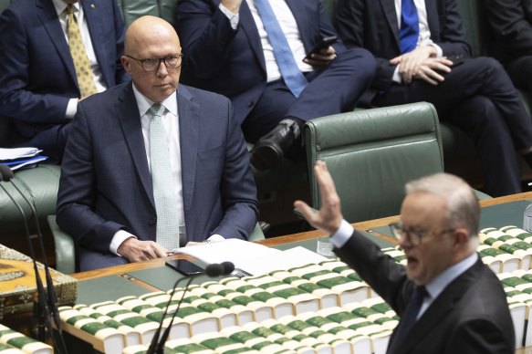 Opposition Leader Peter Dutton and Prime Minister Anthony Albanese during question   clip  connected  Monday.