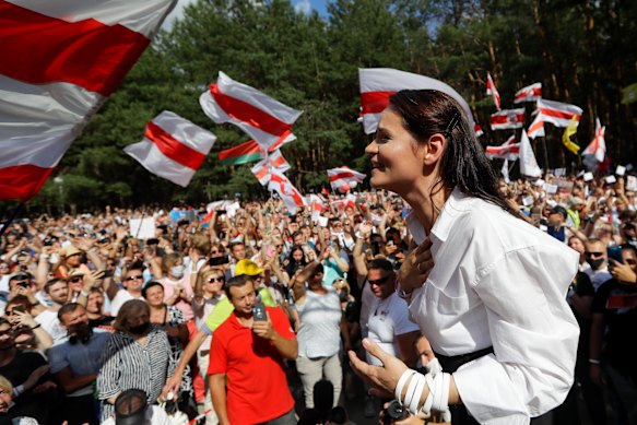Svetlana Tikhanovskaya greets crowds in the Belarusian city of Brest during her 2020 presidential campaign. 