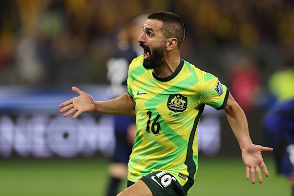 Aziz Behich was the hero against Japan in 2025, scoring the goal that all but secured Australia’s place at the World Cup.