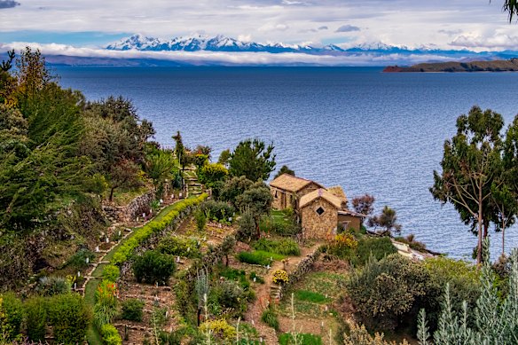 A view across Lake Titicaca, the world’s highest navigable lake, to the snow-capped Andes from  Bolivia’s Isla del Sol.