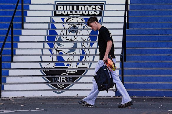 Lachie Galvin arrives for training on Monday. The young halfback has been under intense scrutiny since his arrival at Belmore.