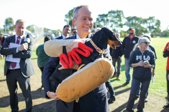Then oppostion leader Bill Shorten meets a democracy sausage dog during the 2019 federal election campaign. Promises for dog parks and toilet blocks have proliferated at federal elections, despite constitutional doubt over them.