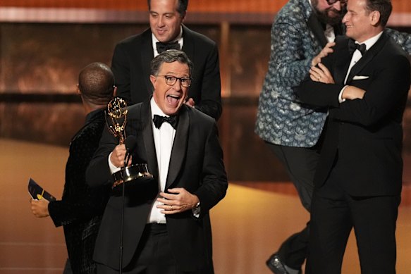Stephen Colbert accepting the Emmy Award this week for outstanding talk series, The Late Show with Stephen Colbert.