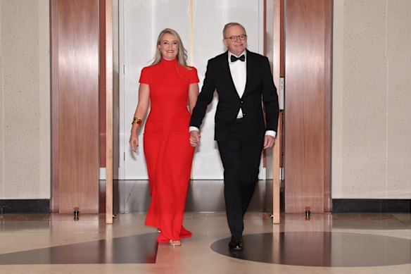 Jodie Haydon in Carla Zampatti with Prime Minister Anthony Albanese at the Midwinter Ball in August.