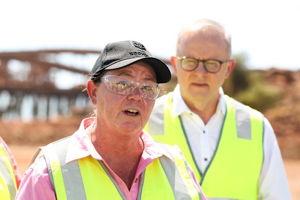 Resources Minister Madeleine King with Prime Minister Anthony Albanese at Rio Tinto’s Dampier Port, near Karratha in Western Australia, this year.