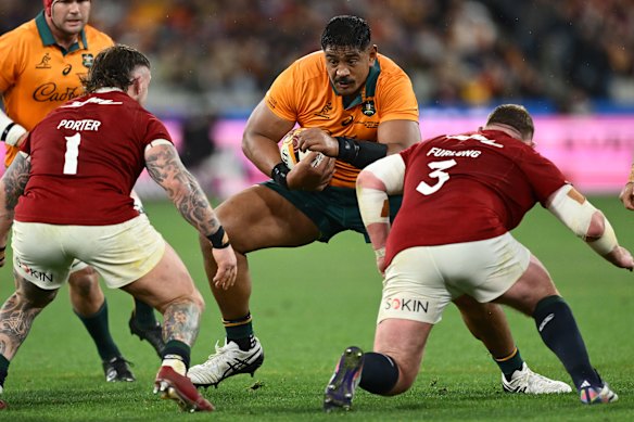 Will Skelton takes on the Lions defence.