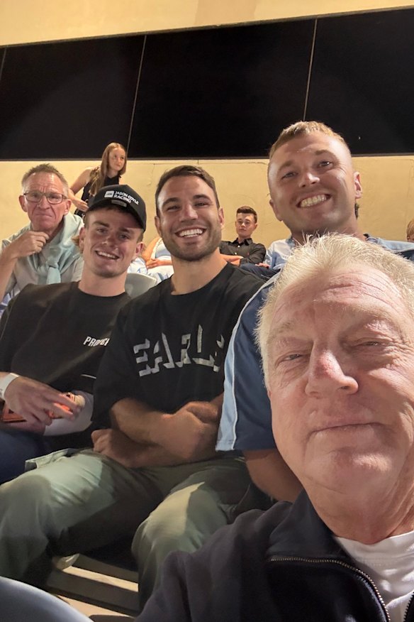 Bulldogs night out: Lachlan Galvin (left and with a hospital band on his arm), Sean O’Sullivan, Jake Turpin and Phil Gould at Menangle trots. 