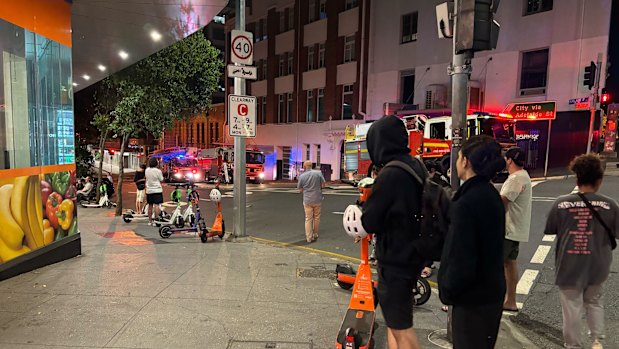 Fire trucks outside the Meriton on Adelaide Street.