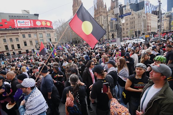 Protesters at the combined “Rally against Racism” and “Sovereignty never ceded” demonstrations.