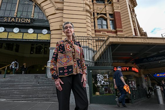 Historian Robyn Annear outside Flinders Street Station where 150 years ago, there was a fish market and a coffee stall.