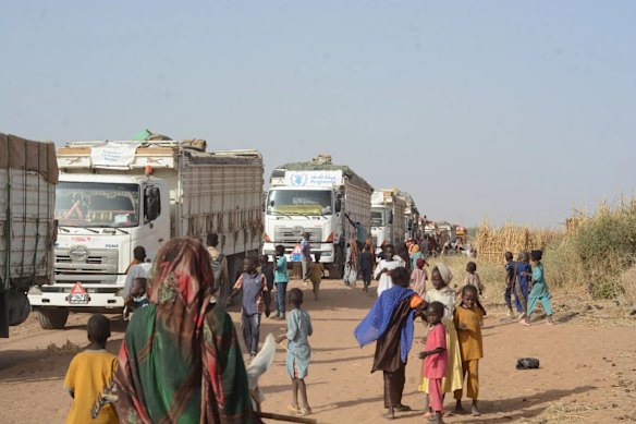 An aid convoy arrives in Tawila in March.