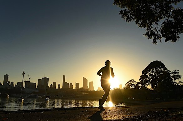 A runner at Blackwattle Bay on Wednesday before the heat soared into the mid-30s.