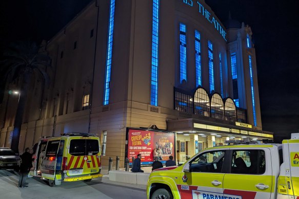 Ambulances are seen outside the Palais Theatre in St Kilda.