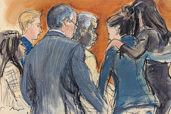 An illustration of Sean “Diddy” Combs – surrounded by his defence team – as they discuss the jury note regarding verdicts on Tuesday.