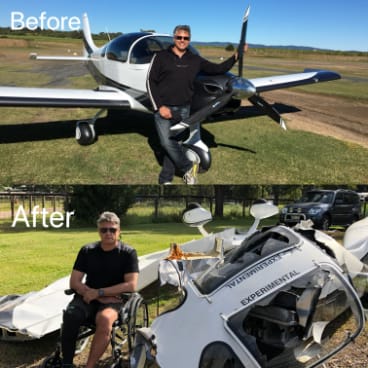 Mr Berg with his South African-designed Sling 4 piston-engine kit plane before and after the crash.