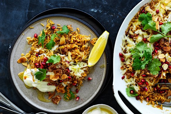 Spicy brown-butter rice with haloumi and pomegranate.