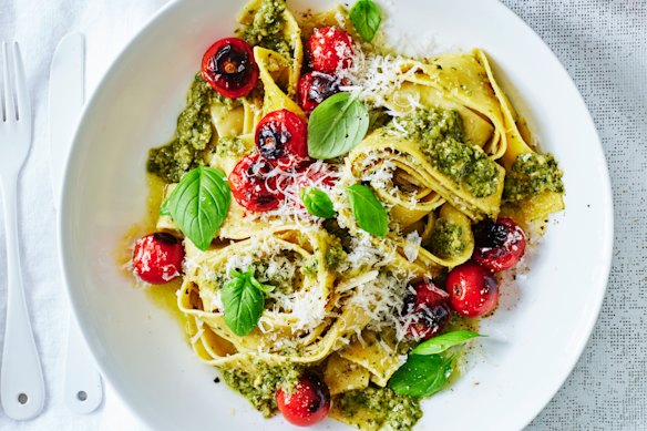 Pesto pappardelle with blistered cherry tomatoes. Styling by Hannah Meppem.