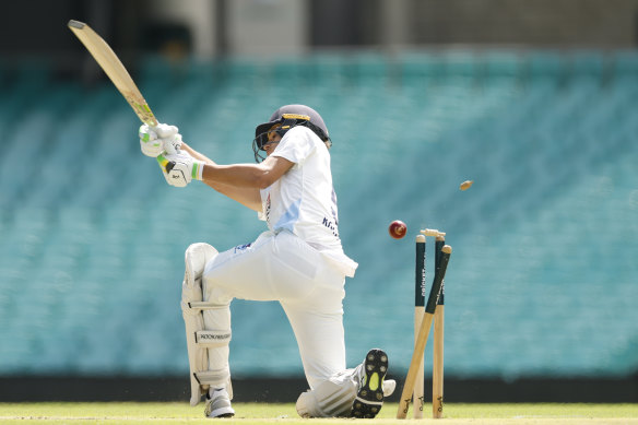 Sam Konstas is bowled by Scott Boland attempting to slog in the Sheffield Shield.