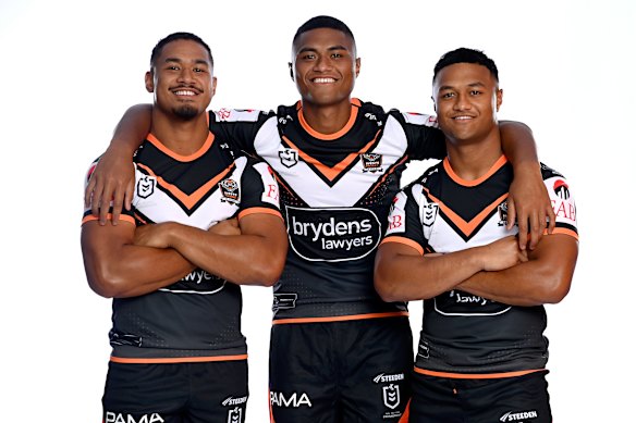 The Fainu brothers, (from left to right) Sione, Samuela and Latu. Latu will make his NRL debut alongside Samuela on Saturday.