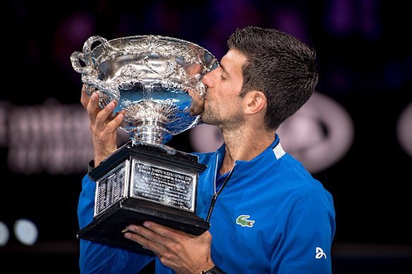 Djokovic enjoys his victory in 2019.