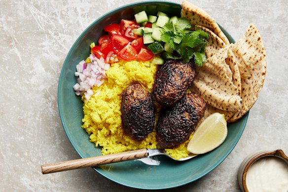 Lamb kofta bowl with turmeric rice and tzatziki.