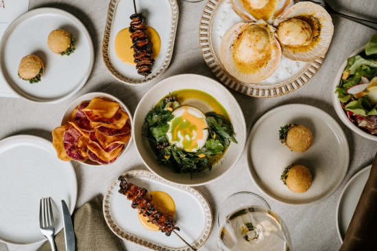 Goat’s cheese custard, Andean crisps and ox tongue skewers at Morena.