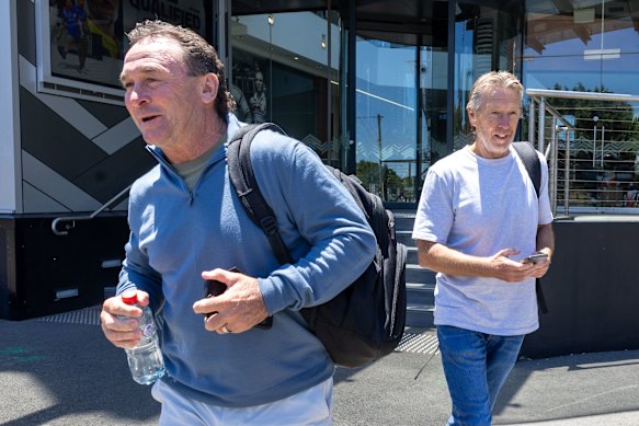 Ricky Stuart and Craig Bellamy leave NRL HQ last month after a meeting to discuss rule changes.