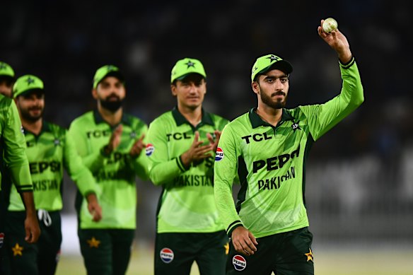 Pakistan’s Arafat Minhas celebrates his five wicket haul.