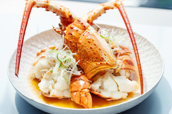 Rock lobster with preserved plums, ginger, smoked pork stock and licorice root.