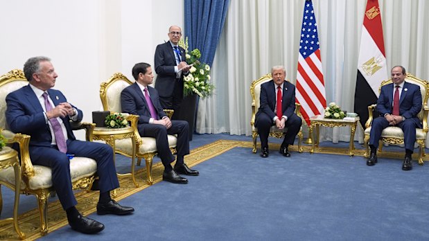 Steve Witkoff, Marco Rubio and Donald Trump meet Egypt’s President Abdel-Fattah El-Sisi at Sharm el-Sheikh.