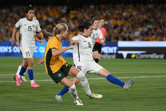 Kaitlyn Torpey in her first international start, for the Matildas’ second and final 2024 Olympic-qualifying leg against Uzbekistan.