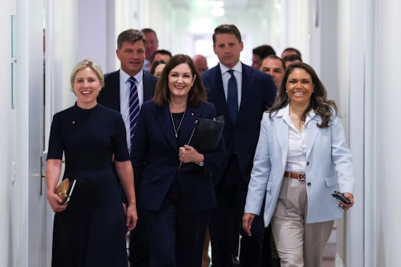 Senator Jessica Collins, opposition minister for defence Angus Taylor, Senator Sarah Henderson, Member for Canning Andrew Hastie, Senator Jacinta Nampijinpa Price, together with other Liberal MPs and senators, arrive for a Liberal party room meeting at Parliament House in Canberra.