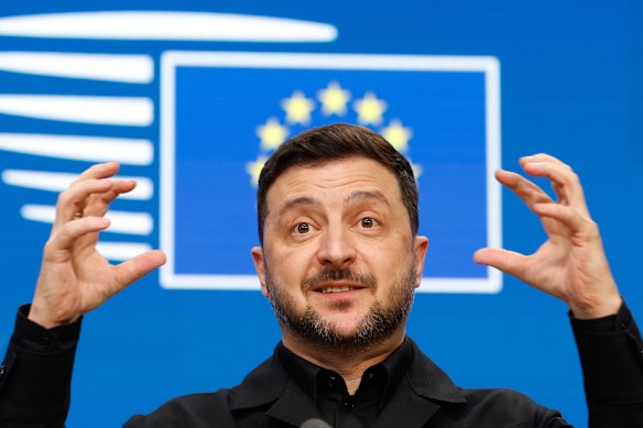 Ukrainian President Volodymyr Zelensky speaks during a media conference at an EU summit in Brussels last week.