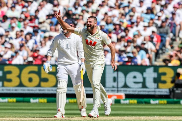 Michael Neser celebrates the prized scalp of Joe Root during the Boxing Day Test.