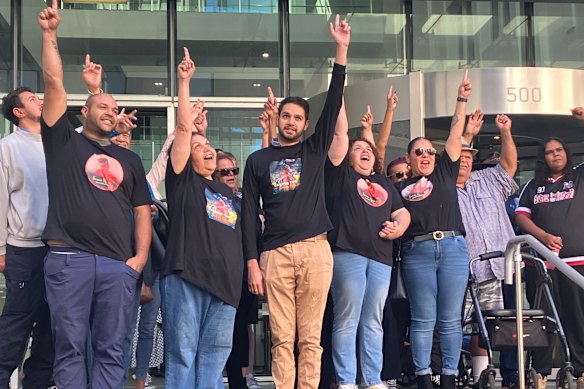 Mechelle Turvey (second from left) and supporters outside a Perth court after a jury finds two men guilty of murdering her son.