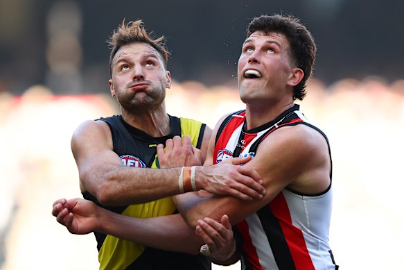 Toby Nankervis of the Tigers and Rowan Marshall of the Saints contest the ruck in August.