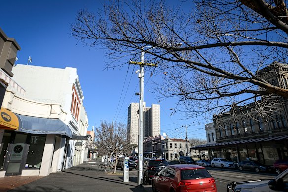 The development site (left) and Emerald Hill precinct (right) over the road. South Melbourne’s public housing tower in the distance.