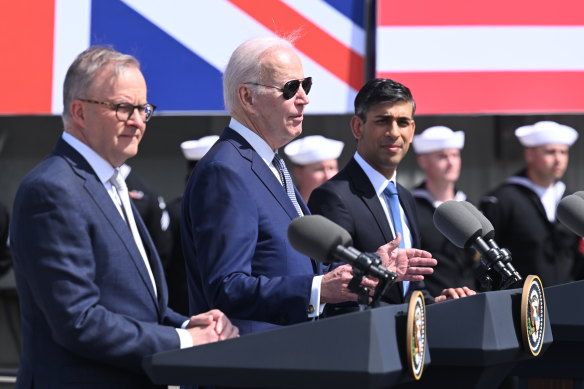 Prime Minister Anthony Albanese, US President Joe Biden and British Prime Minister Rishi Sunak unveil details of the AUKUS agreement in San Diego in March 2023.