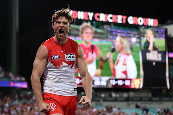 Dane Rampe roars as the Swans surge to their qualifying final win over the Brisbane Lions.